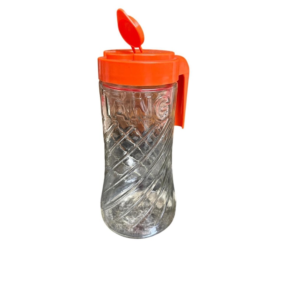 Vintage Tang Orange Drink Glass Pitcher Swirl Carafe with Orange Flip Top Lid